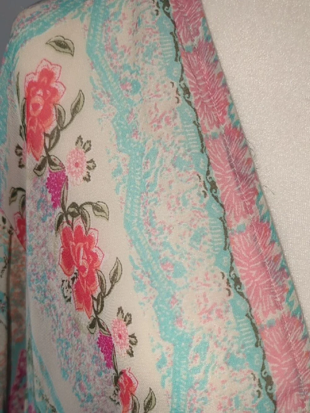 ENTRO Cream Floral Fringe Kimono with Pink & Teal Accents